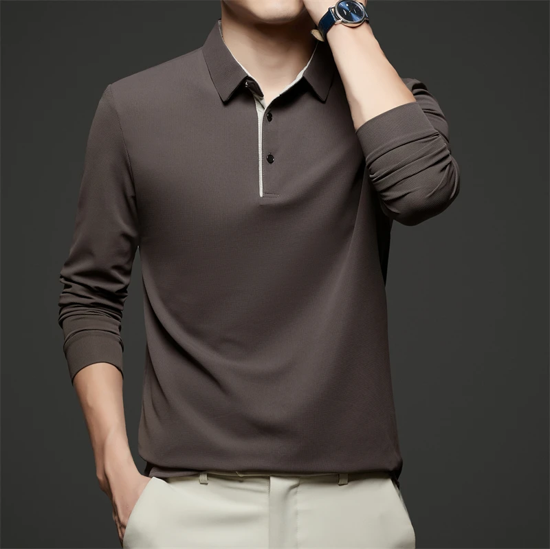 Neues Herren-Poloshirt, Business-Casual, langärmelig, einfarbig, modisch, warm, bequem, vielseitiges Oberteil für vier Jahreszeiten – Detail 22
