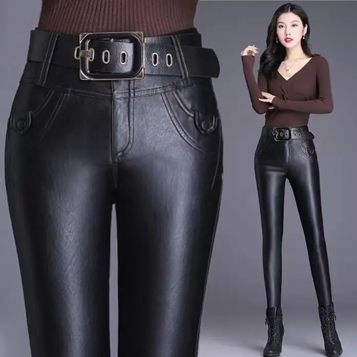 

Winter Warm Women Pants Female PU Leather Fashion Slid Fitting Trousers Elastic 2023 New Skinny Pants Women's Tight Pants T621