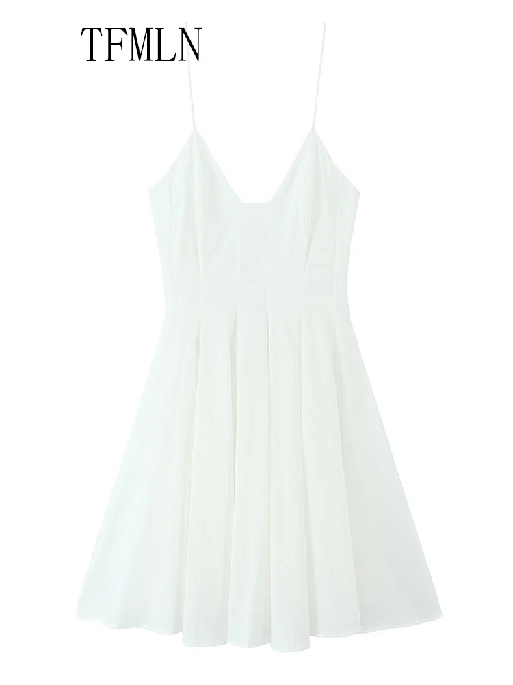 TFMLN Sweet Women Pleated Mini Strap Dress 2025 Summer Elegant V-neck Sleeveless Backless Party Dress Chic Causal A-line Dress