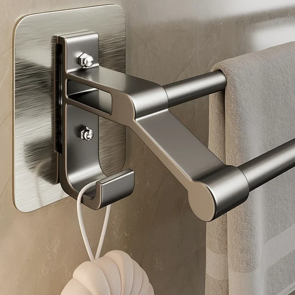 Self-Adhesive Bathroom Towel Rack Clothes Holder Gun Gray Aluminum Double Pole Bar With Hook Without Drilling Toilet Accessories towel holder towel rack bathroom facilities clothes hanger rod