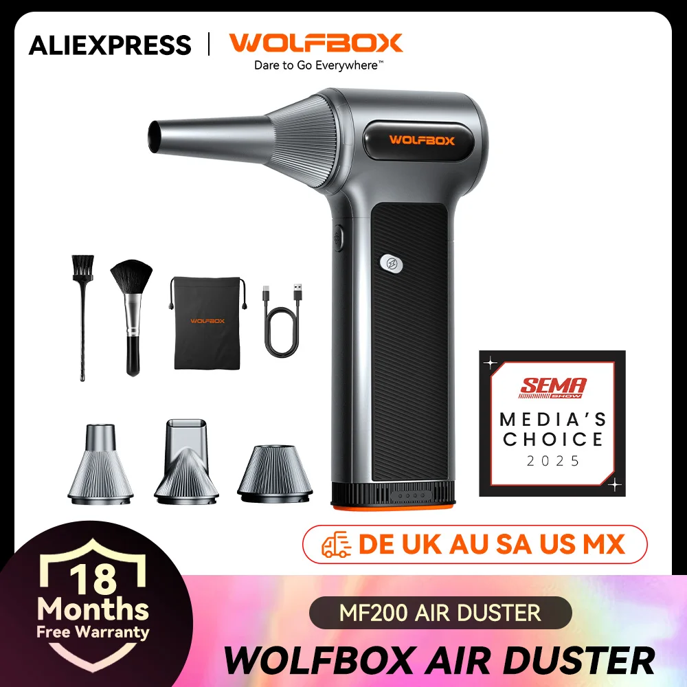 WOLFBOX MF200 - Potente Ventilador Eléctrico Inalámbrico, Soplador de Aire, 3 Velocidades Ajustables, Ventilador Portátil para Coche/Hogar/Exterior