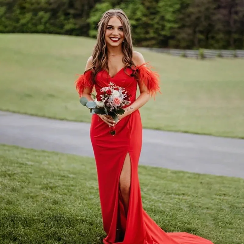 

BLUE Prom Dresses Feather Off-the-shoulder Satin Evening Gown Elegant Mermaid High Slit Sweep train Vestido De Noche for Women