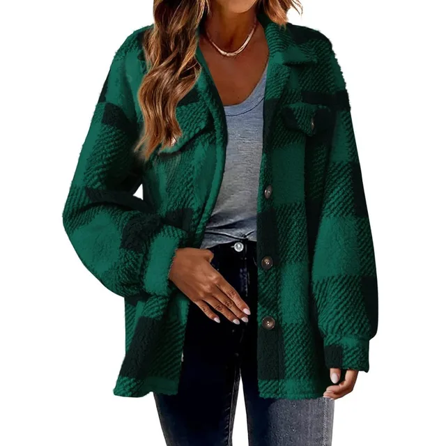 2024 Autumn Winter New Women's Clothing Pocket Plaid Lambswool Jacket Button Plush Coat Shacket 3