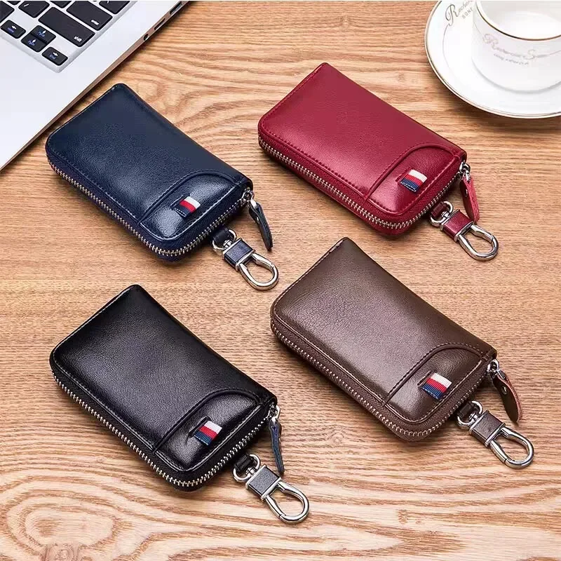 

Cowhide Car Key Bag with Waist Hanging Keychain Men and Women Card Holder Smart Housekeeper Keys Portable Storage Zipper Pouch