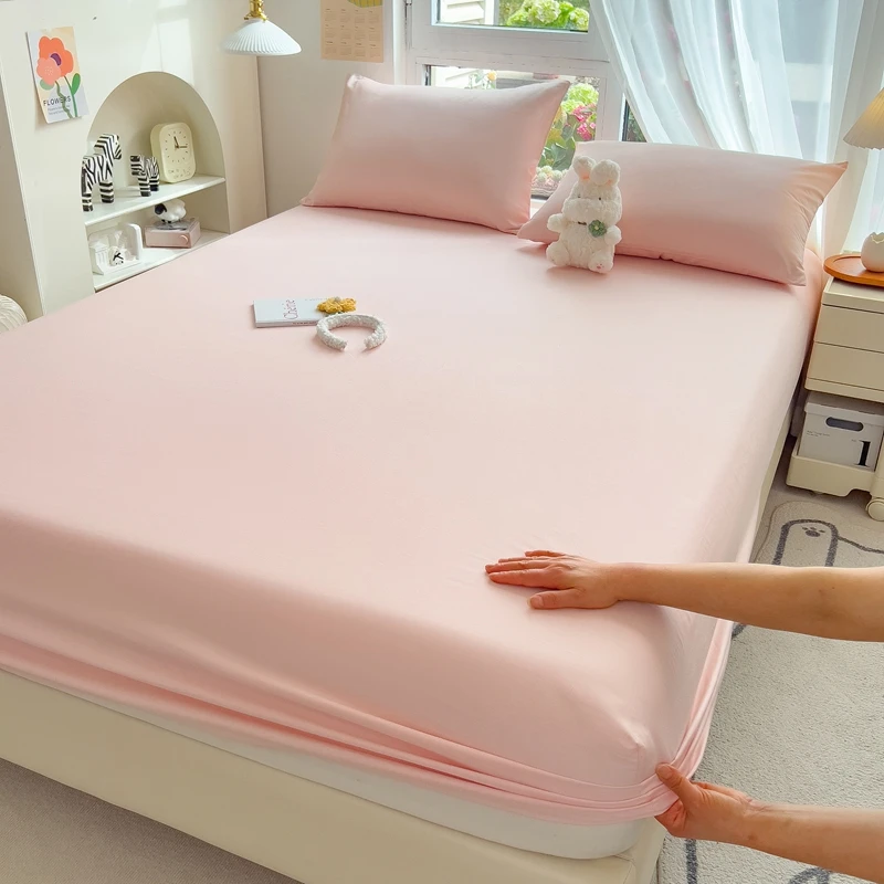 100% Cotton Pink Fitted Sheet Dust Protector Cover Universal Mattress Cover Bed Sheets Queen with Elastic Bed Linens Bedding Set 2