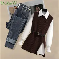 2026 Spring New Korean Elegant in Matching Set Women's Fashion Knitted Vest+Shirt+Jeans Three Piece Female Chic Denim Pants Suit - Image 6