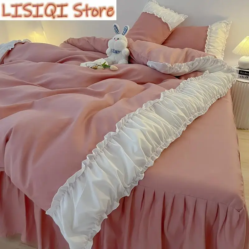

New Duvet Cover Bed Sheet Ruffle Lace Princess Quilt Cover Bed Skirt Ins Printing Pillowcase Girls Soft Skin Bedding