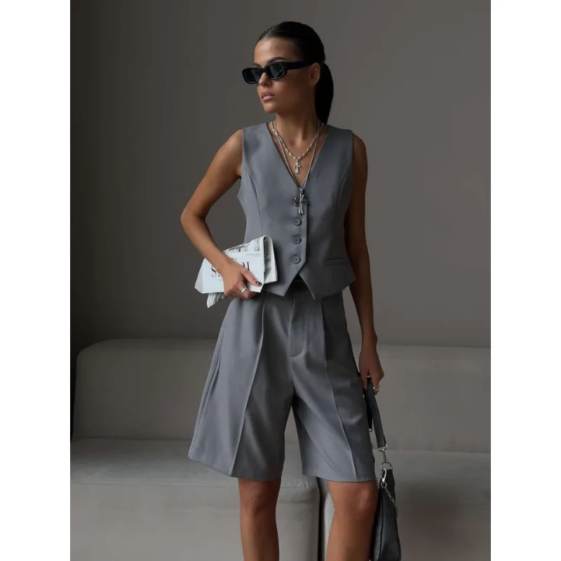 V-Neck Sleeveless Female 2 Piece-Set Casual Slim Straight Trousers Pocket Solid High Street Outfits Fashion Shorts Sets