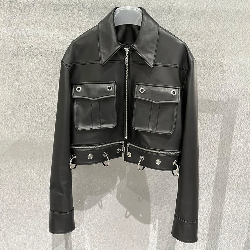 

Vintage Black Motorcycle Genuine Leather Jacket 2023 Runway Designer Women Loose Casual Sheepskin Zip Outwear Biker Short Coat