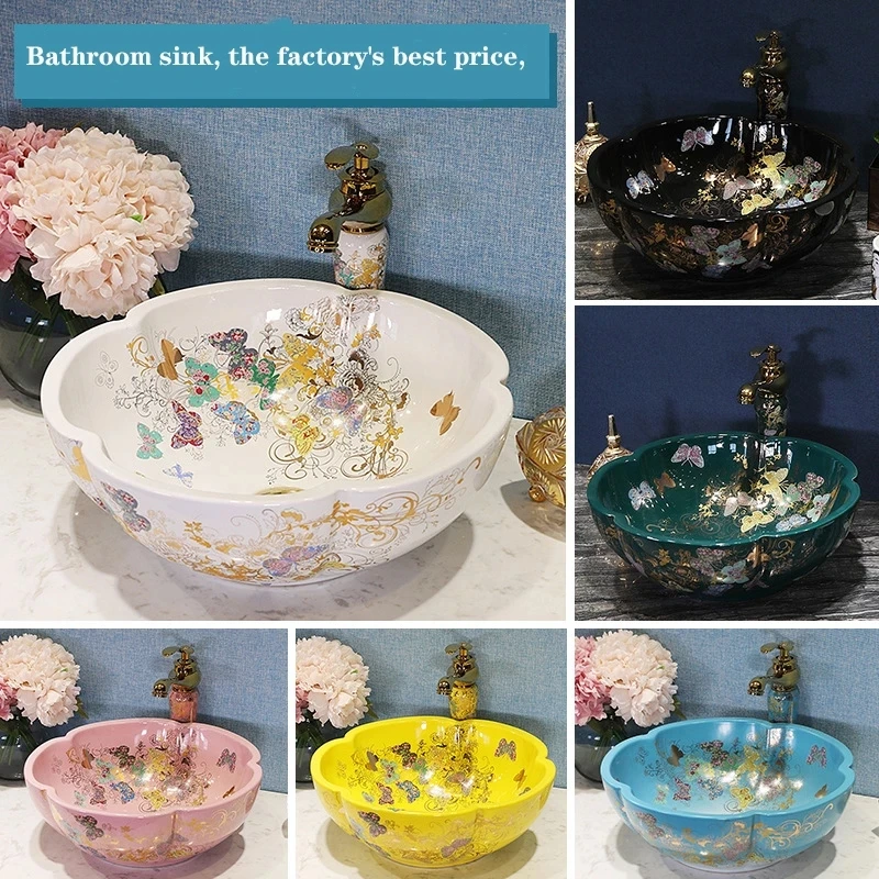 

Art Ceramic Bathroom Sink Set Ceramic Basin Countertop Sink Wash Basin Bathroom Faucet Pop Up Basin Mixer Tap Golden Drain