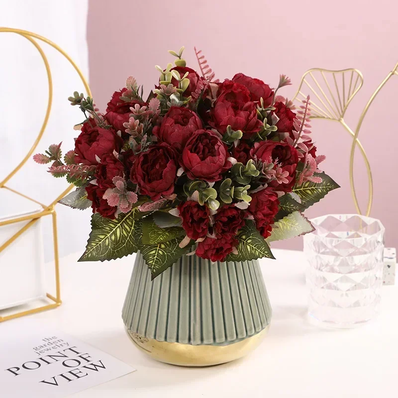 

Home Red Peony Bouquet Silk Fake Flowers Green Plant Shopping Mall Decoration Artificial Flower Pink Peonies Simulation Floral