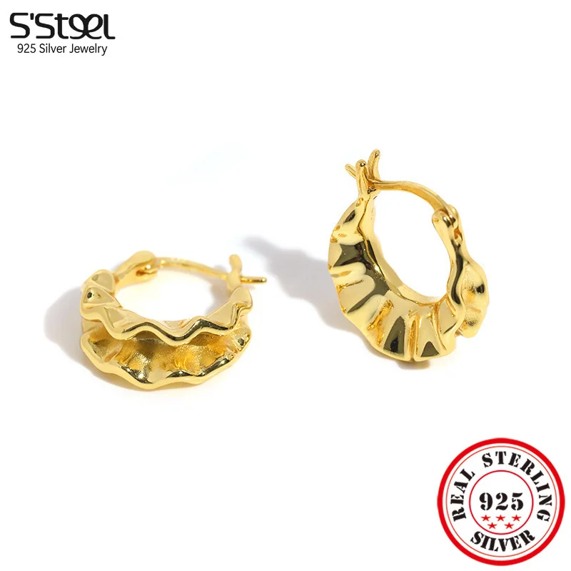 

S'STEEL Real 925 Silver Sterling Metal Texture Unique Design Hoop Earrings For Women 2023 Luxury Korean Designer Fine Jewellery