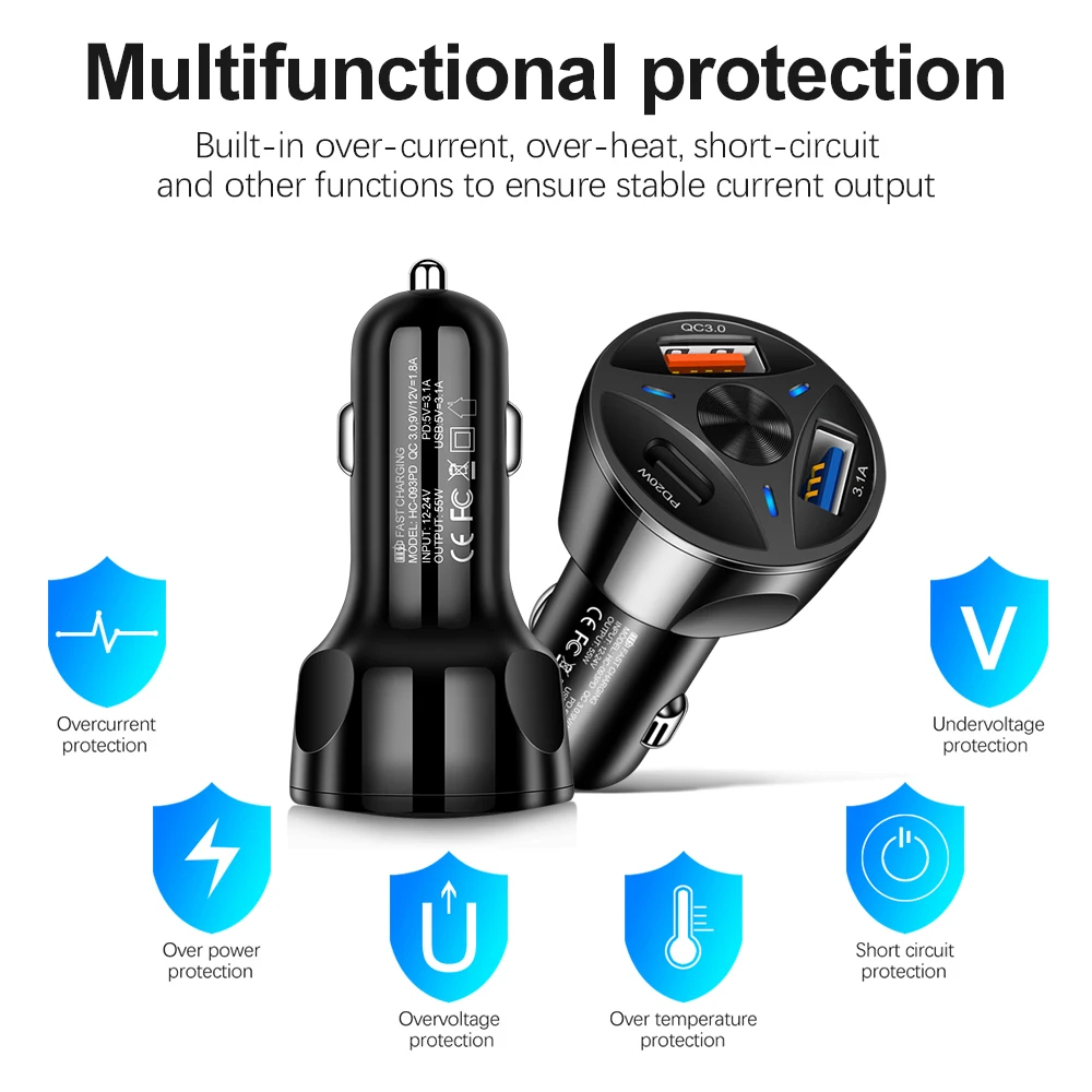 Olaf 55W Dual USB Car Charger Fast Charging QC 3.0 PD Type C Car Phone Charger Adapter For iPhone Xiaomi Huawei Mobile Phone
