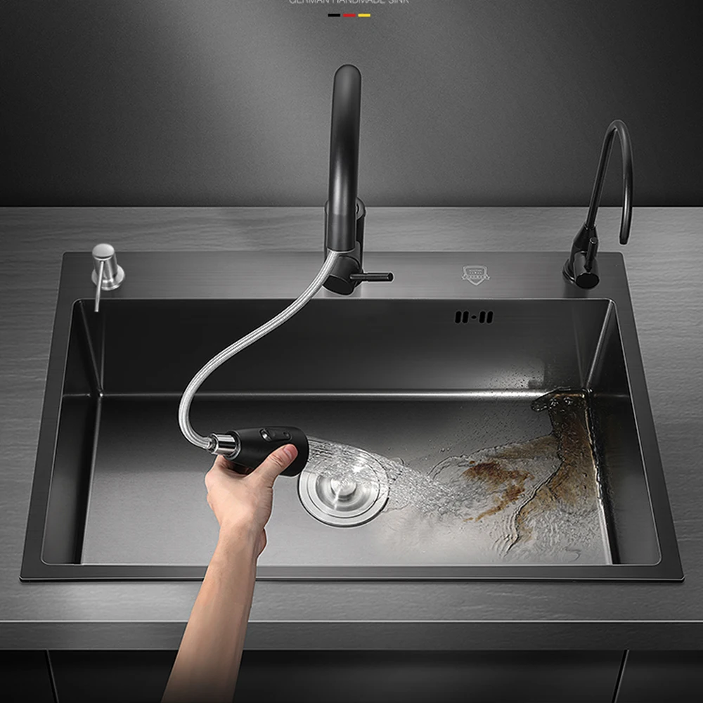 

Sink Kitchen Large Single Slot Wash Basin Stainless Steel Topmount Sink Waterfall With Multifunction Touch Waterfall Faucet AA44