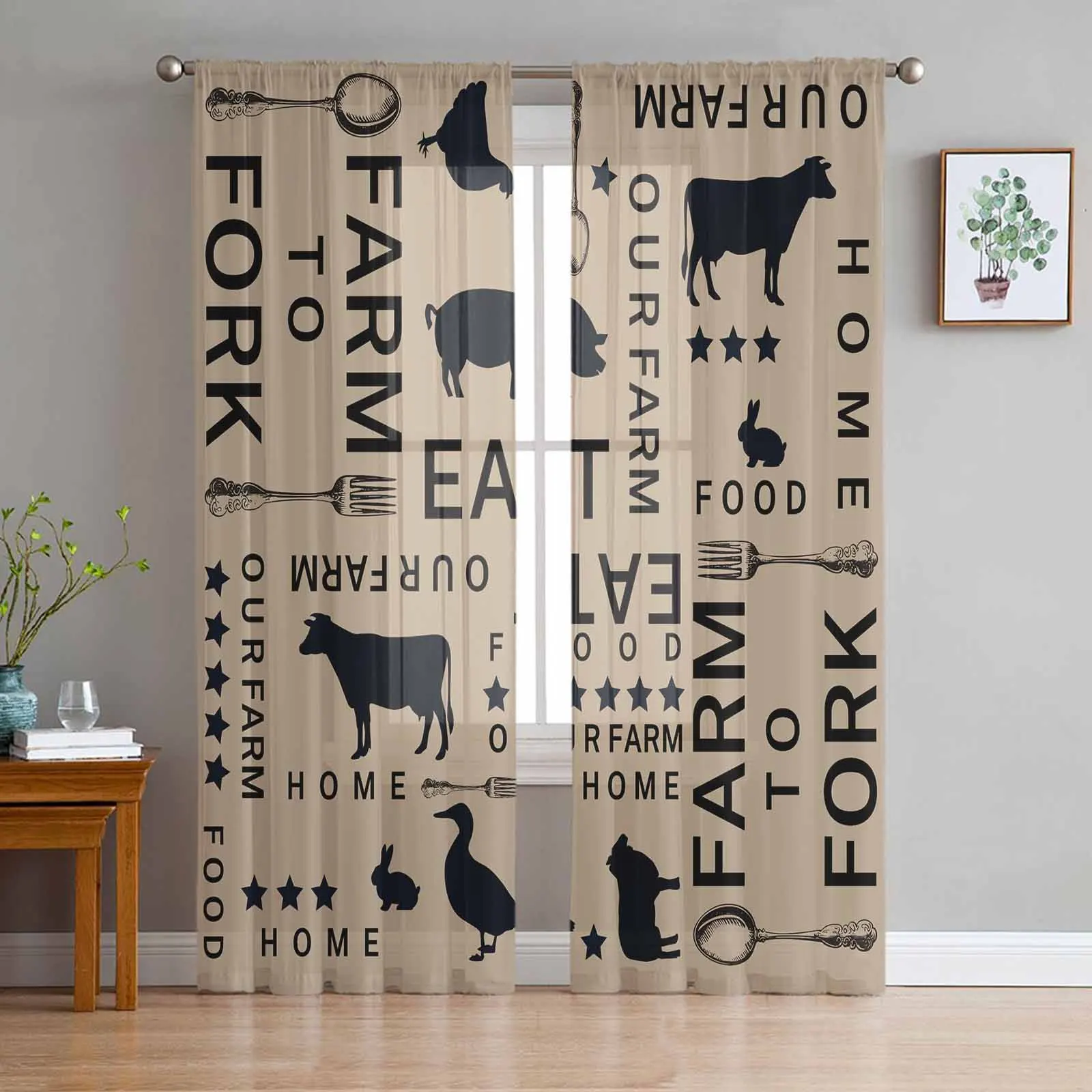 

Silhouette Of Farm Chickens Cows Pigs Sheer Curtains for Bedroom Living Room Voile Window Curtains Kids Room Tulle Curtain