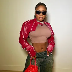 PU Leather Women Crop Coats Solid Red Mock Neck Bomber Jackets 2023 Fall Winter Motorcycles Outerwear High Street Cardigans