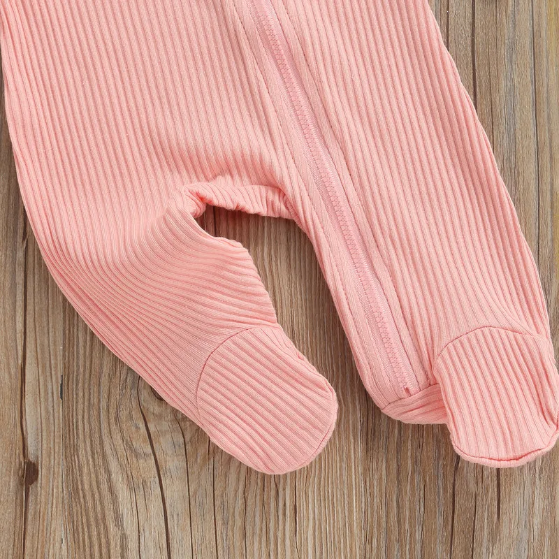 2Pcs Unisex Baby Fall Set Solid Color Ribbed Long Sleeves Zip-Up Footed Romper + Hairband for Girls Boys 0-6 Months