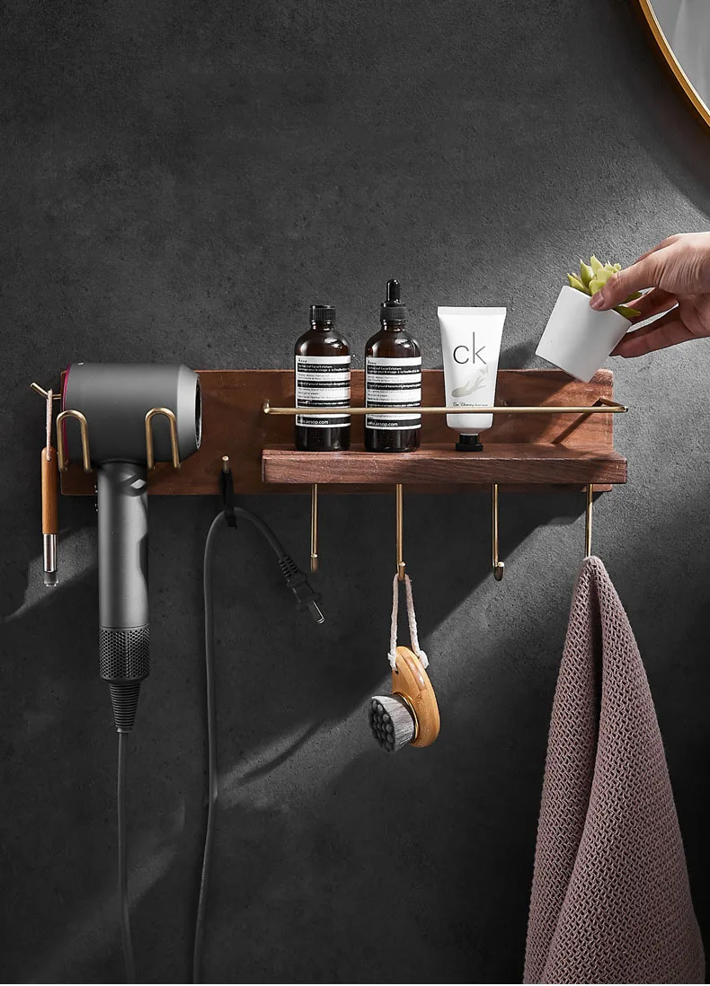 Wooden Hair Dryer Holder Bathroom Toilet Multifunctional Storage Rack