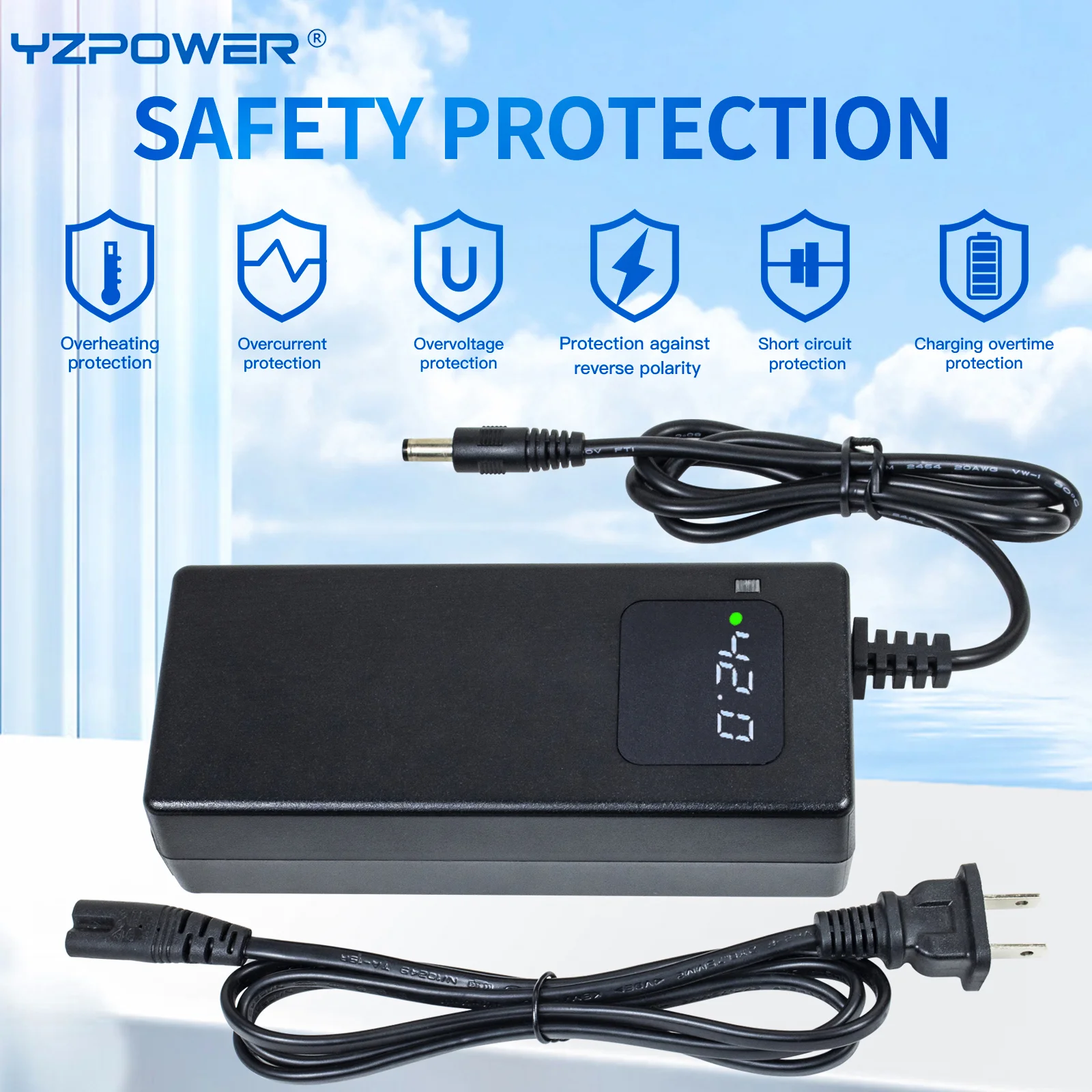 YZPOWER 42V 3A 리튬 배터리 충전기 투롤/젯슨/고트락스용 36V 전동 스쿠터/전동 자전거 충전 스마트 CC-CV 충전기 LED 램프