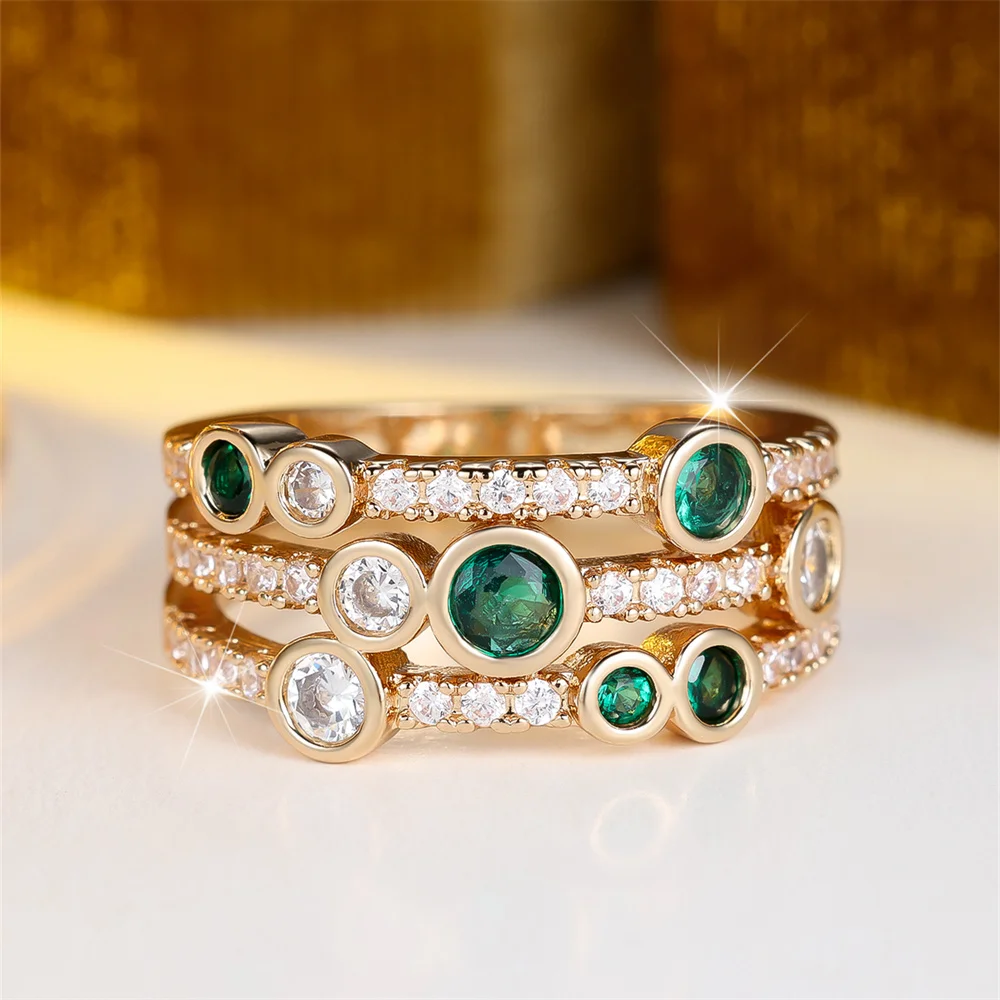 Green Zircon Round Stone Three Layers Rings For Women Vintage Gold Color Engagement Ring Wedding Jewelry Bridal Versatile Gifts