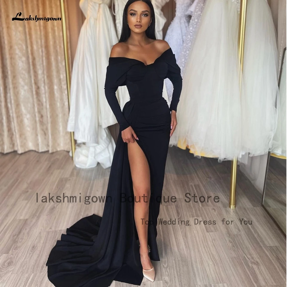 

Lakshmigown Simple Black Gala Dress Women Wedding Guest Party Gowns 2024 Abendkleider Long Sleeve Evening Dresses Side Split