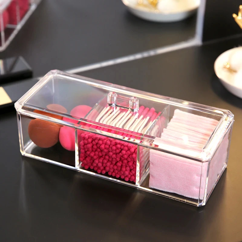 Transparent Cosmetic Storage Box Makeup Organizer Three-color Cotton Swab Cotton Pad Storage Box Desktop Acrylic Material BEST SELLERS
