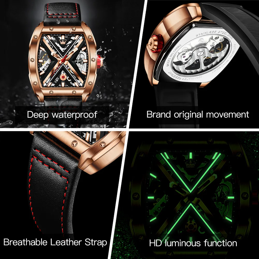 OLEVS Brand Hot Fashion Mechanical Watch for Men Leather Strap  Waterproof Luminous Hands Automatic Skeleton Watches Mens