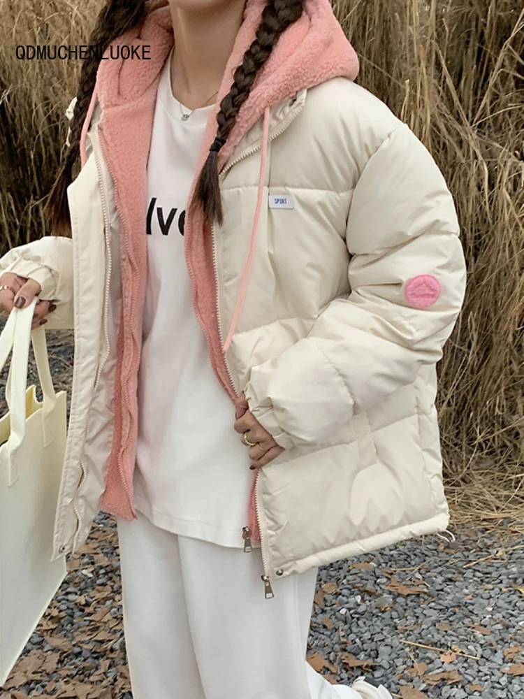 

Куртка женская зимняя с капюшоном, модный пуховик с имитацией двух предметов в Корейском стиле, свободная однотонная парка с длинным рукавом