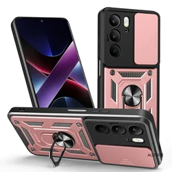 Armor Protective Case with Slide Camera Cover & Ring Stand - Shockproof for Realme 14X 5G (Rose Gold)