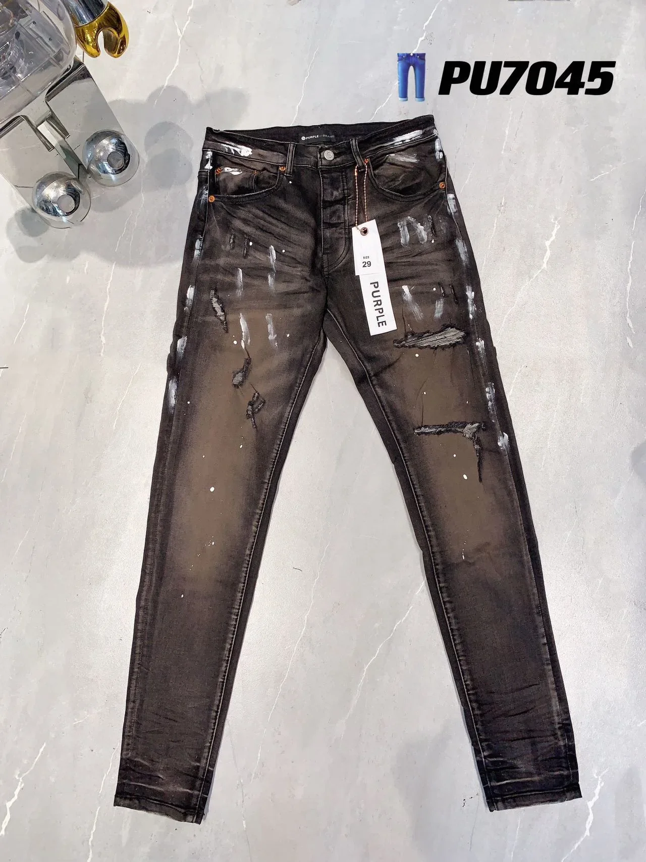 

Purple Brand Men's Distressed Streetwear Fashion Denim Slim Paint Graffiti Pattern Damaged Stretch Ripped Jeans