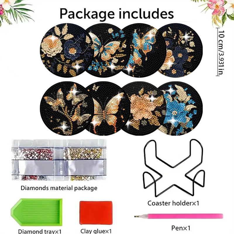 A set of 8-piece butterfly and flower element combination pattern diamond painting DIY coaster set 2