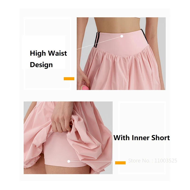Round Neck Tennis Shirts Women Slim Yoga Sports Cropped Tops Ladies Running Fluffy Bud Skirt High Waist Badminton Skort