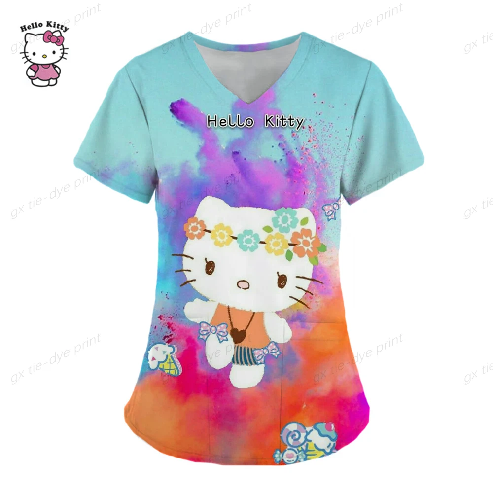 thumbnail image 1 of Camiseta de uniforme para mujer 2023, camisetas de Hello Kitty, uniforme de enfermera, bolsillo, Hello Kitty, cuello en V, ropa para mujer, tops, top de hospital, 1 of 5