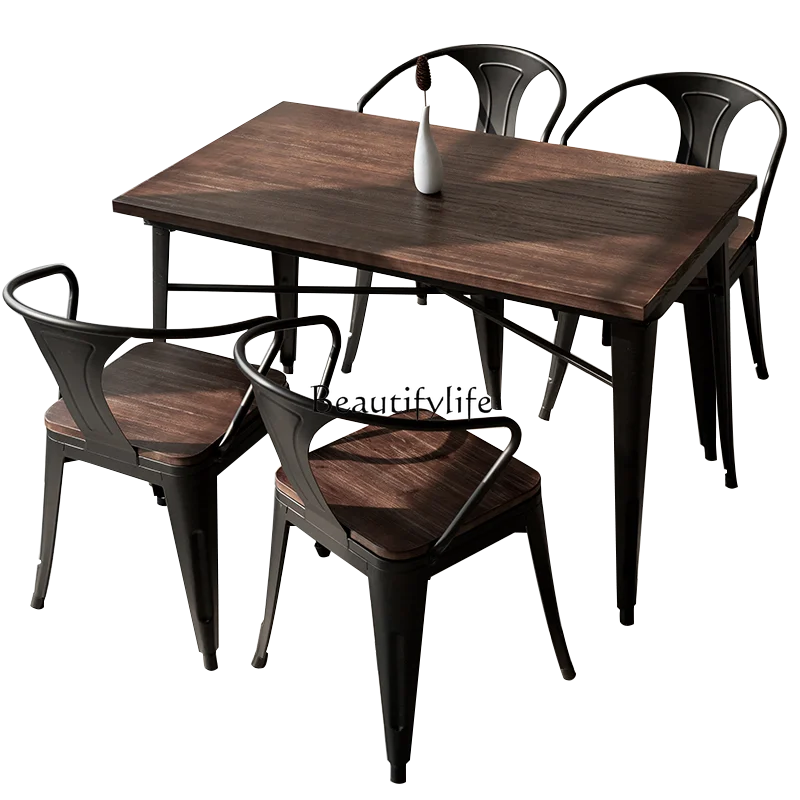 

Solid Wood Dining Table Modern Minimalist Restaurant and Cafe Bar American Iron Table