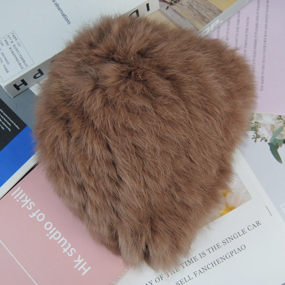 Russian Women Good Elastic Real Rabbit Fur Skully Hat Lady Winter Warm Knitted Genuine Rabbit Fur Hats Outdoor Fluffy Fur Caps 6