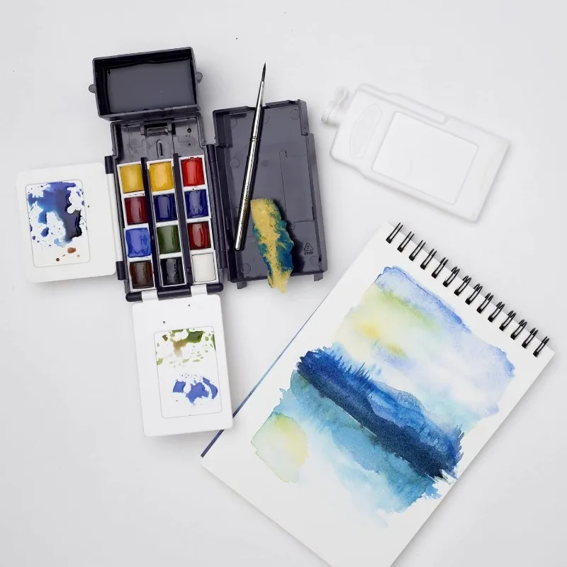 Winsor Newton Cotman Watercolor Paint Field Pocket Set 12 Half Pan W/ Brush Sponge Bottle for Outdoor Water Colour Painting 14PC