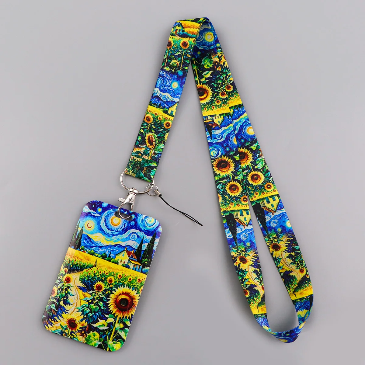 반 고흐 해바라기 카드 홀더 별이 빛나는 밤 랜야드 키체인 카메라 넥 스트랩 신용카드 케이스 ID 배지 홀더 DIY 행잉 로프