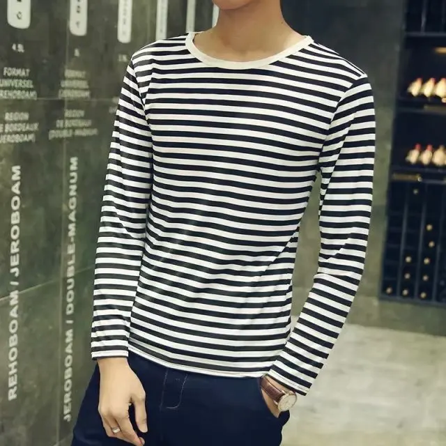 

Striped T-shirt Men Long Sleeve Pullover Trendy Black White Striped Tops for Men Harajuku Casual Base Shirt Invisible Undershirt