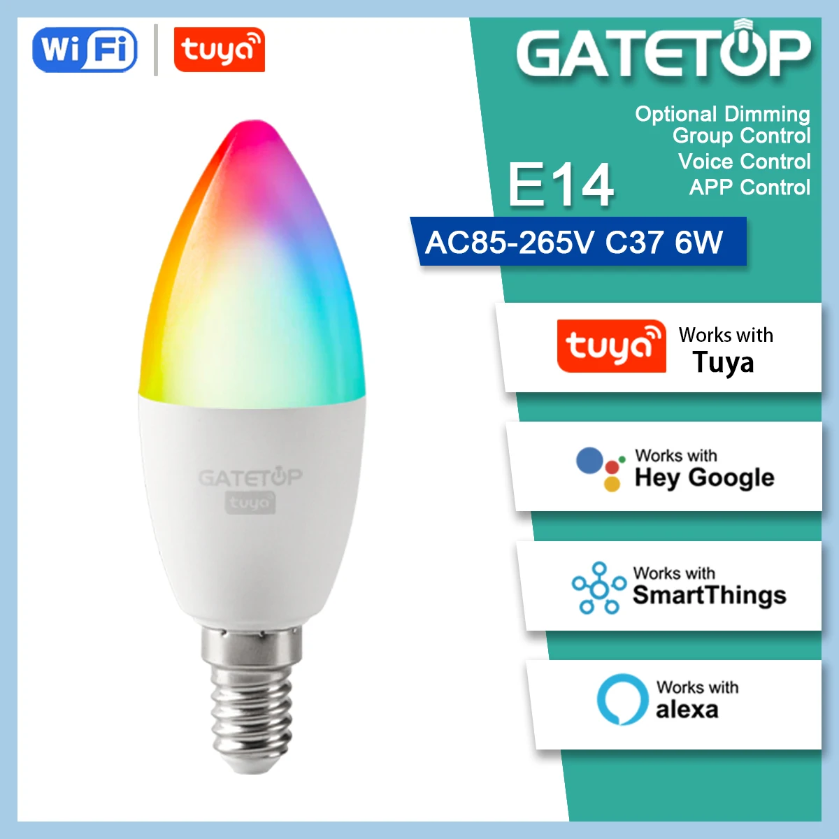 

bombilla inteligente con Wifi/Bluetooth，C37 E14 luz regulable por voz RGB de，6WAC85V-265V Bulb,Control por aplicacion Smart Life