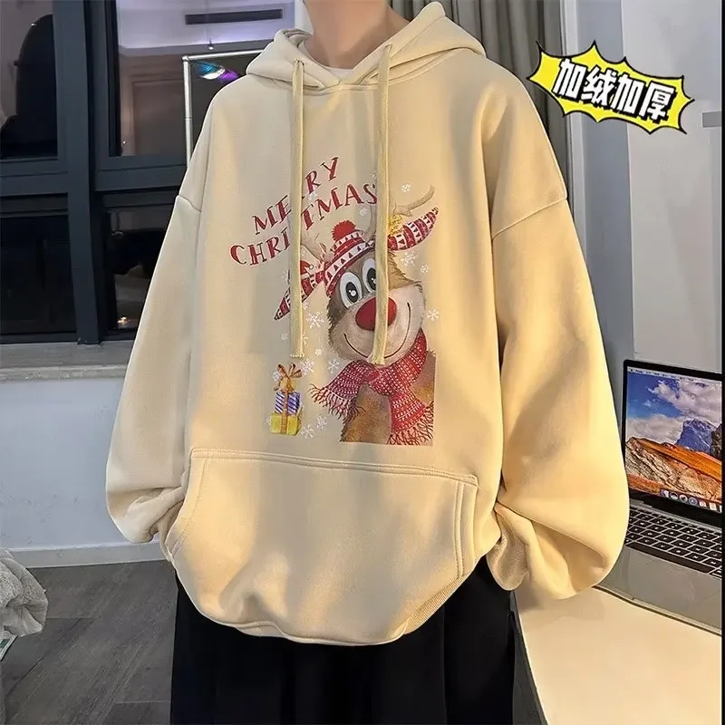 Christmas Bright Red Plush Hoodie for Men's Winter Couple Jacket Oversize for Men's Zodiac Year