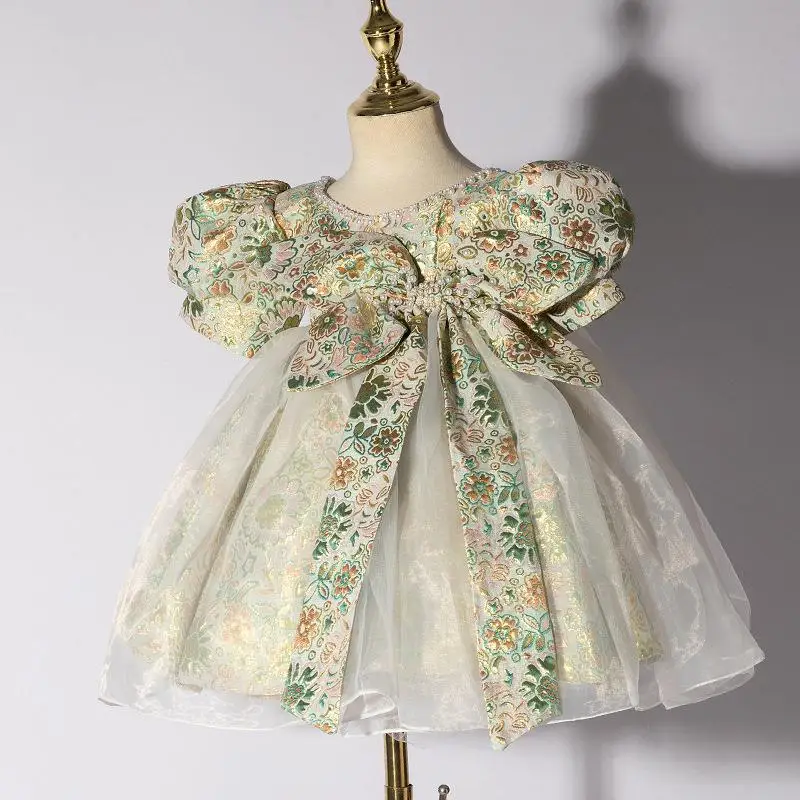 

Spanish Court Vintage Baby Girls Princess Ball Gown Children Beaded Bow Design Birthday Party Evening Performance Dresses y783