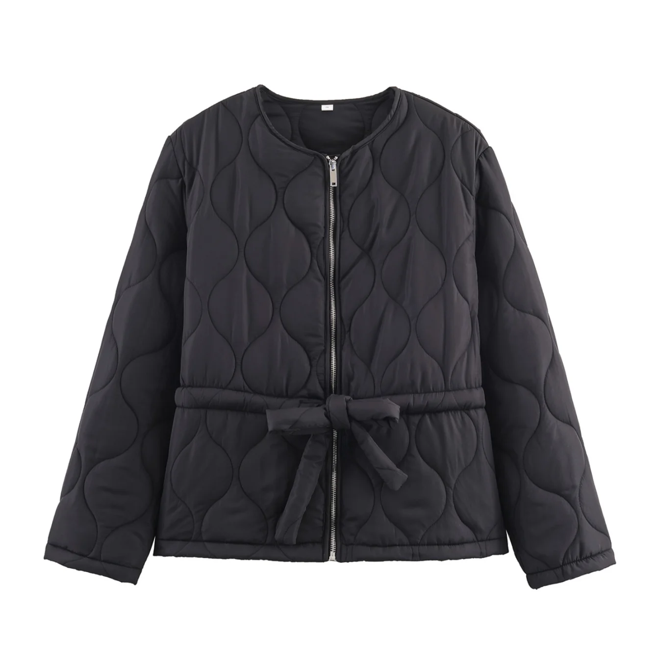 Women Winter Quilted Short Jacket Coat Female Vintage O-Neck Long Sleeved Zipper Jacket With Waist Drawstring Design Slim Outwea
