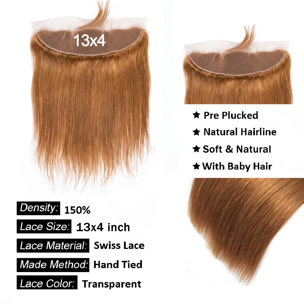 #30 Light Brown Straight 13x4 Lace Frontal Only 4x4 Lace Closure Transparent Swiss Lace Brazilian 100% Human Hair With Baby Hair 3