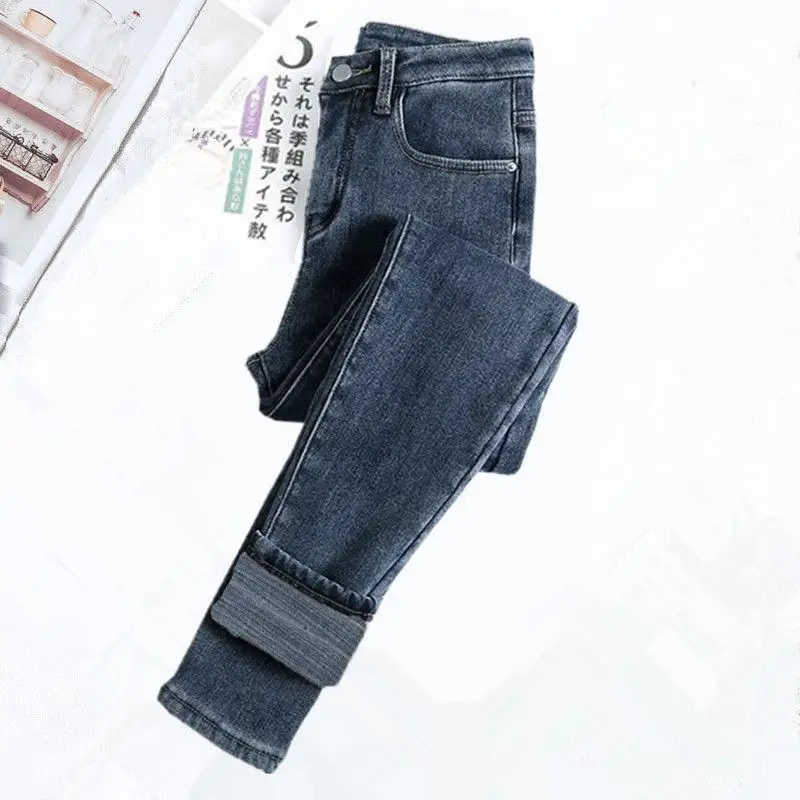 Autumn Winter New Fashion High Waist Solid Button Jeans Women's Clothing Korean Pockets Button Casual Slim Thicken Pencil Pants 3