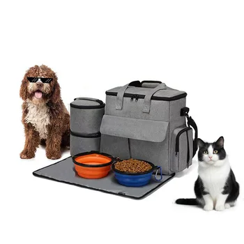 Dog Travel Bag Backpack Pet Accessories Organizer for Week Away/Overnight, w/ 2 Food Bags 1 Waterproof Placemat 2 Foldable Bowls 1