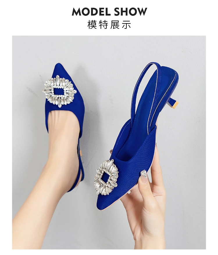 2022 New Women's Shoes Pointed Toe Shallow Nude Pink Diamond Shoes Low Heel Back Strappy Shoes Women