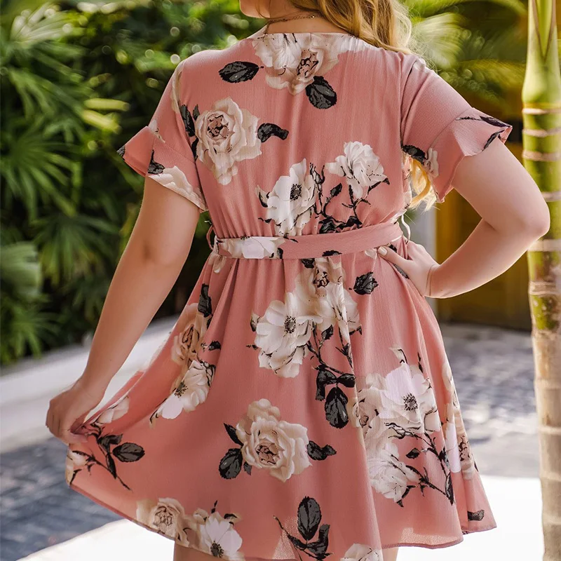 Spring Summer Plus Size Clothes for Women Floral Printing V-Neck Drawstring Waist Ruffle Short Sleeve Pink Elegant Mini Dress