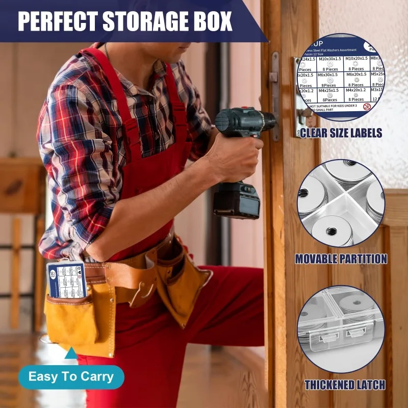 Stainless Steel Fender Washers Flat Washers for Screws and Bolts 100pcs Metal Kit 12 Sizes M3-M12 Assorted