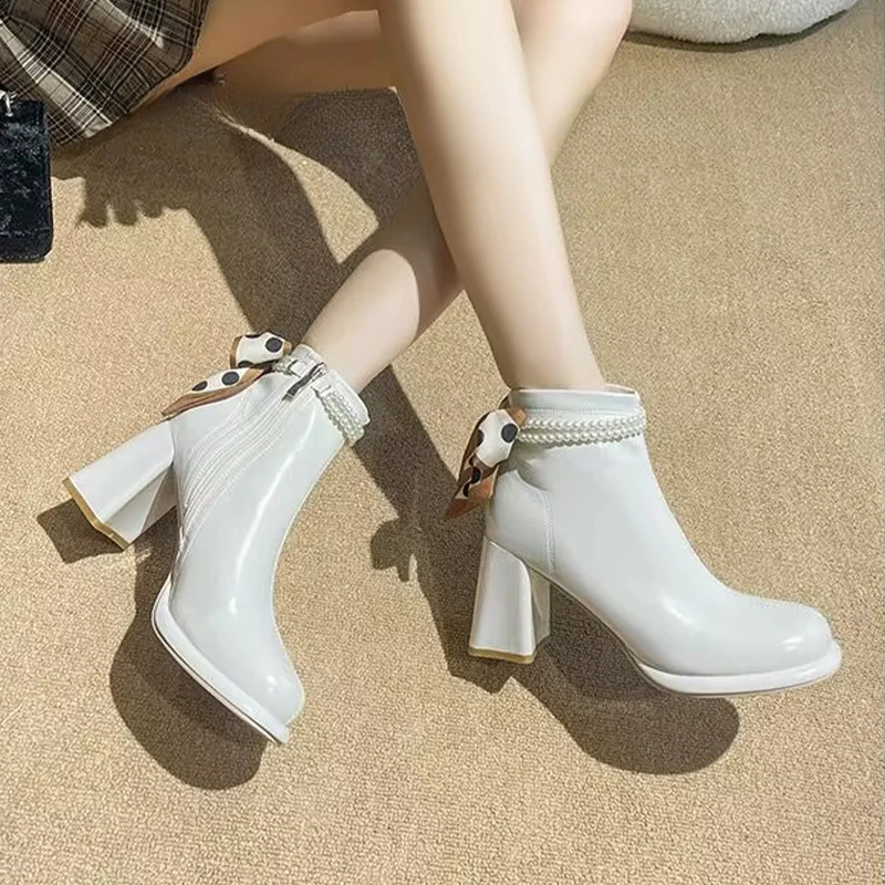 Pearl with Thick Heel Mary Jane Shoes Spring Autumn 2024 New Square Toe High-heeled Shoes Women Platform Heels Bling Shoes 40