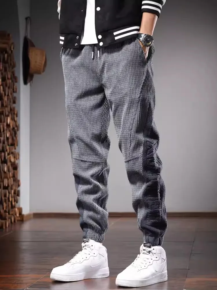 Autumn Corduroy Pants Men Casual Black Loose Harem Pants Fashion Side Stripe Sweatpants Elastic Waist Drawstring Jogger Trousers